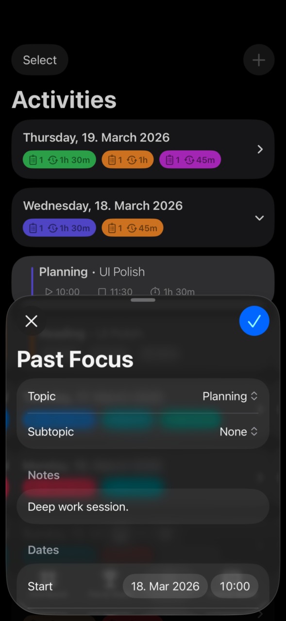 Focus Time – Track Time With A Tap. activitiesscreenmodifypastfocus
